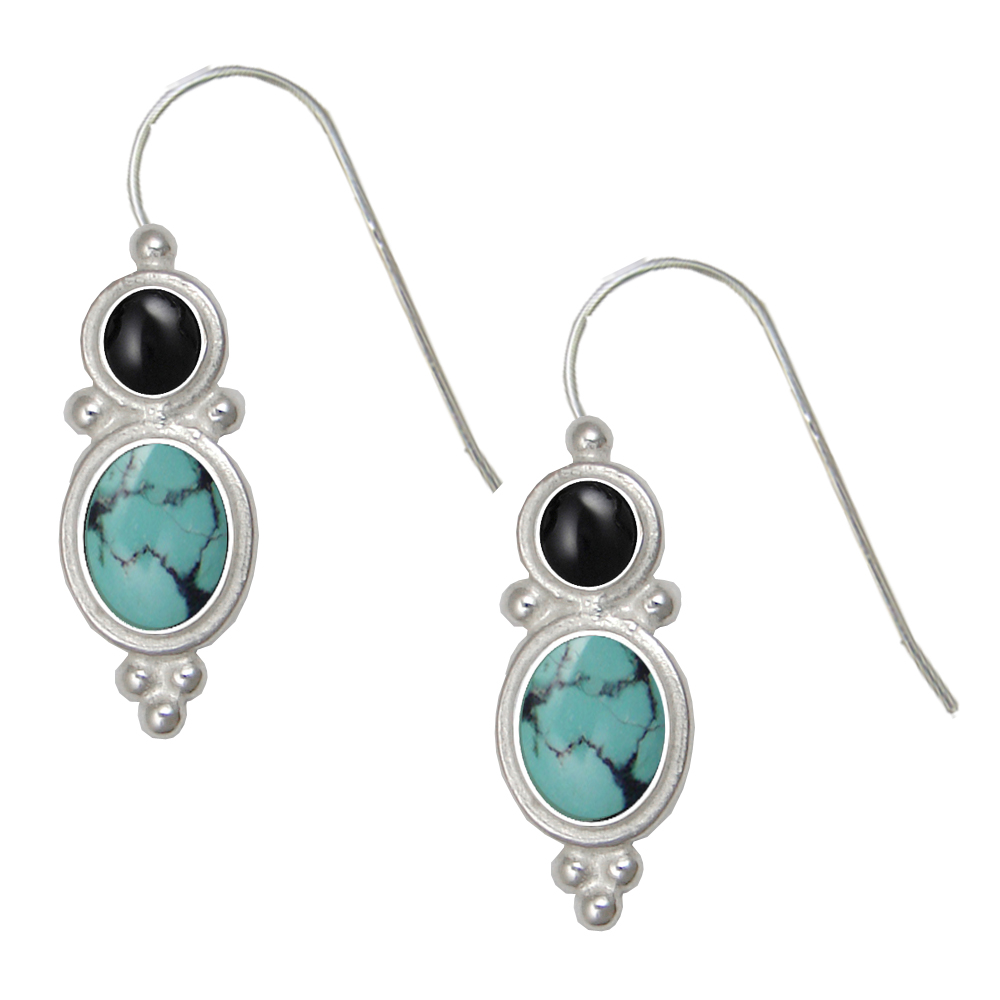 Sterling Silver Drop Dangle Earrings Chinese Turquoise And Black Onyx